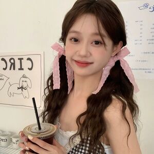 Pink Lace Hair Clips for Kids and Adults, Long tail Ribbon Bow Set